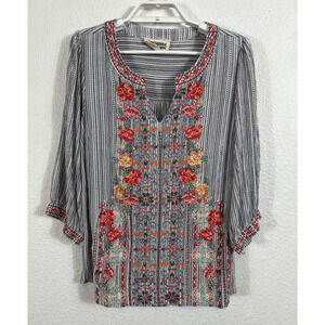 Savanna Jane Top Womens Small Multicolor Floral Embroidery 3/4 Sleeve Rayon